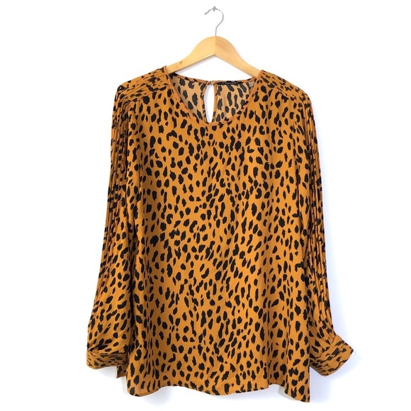 Tahari Brown Black Leopard Cheetah Spot Long Sleeve Blouse L - Picture 1 of 5